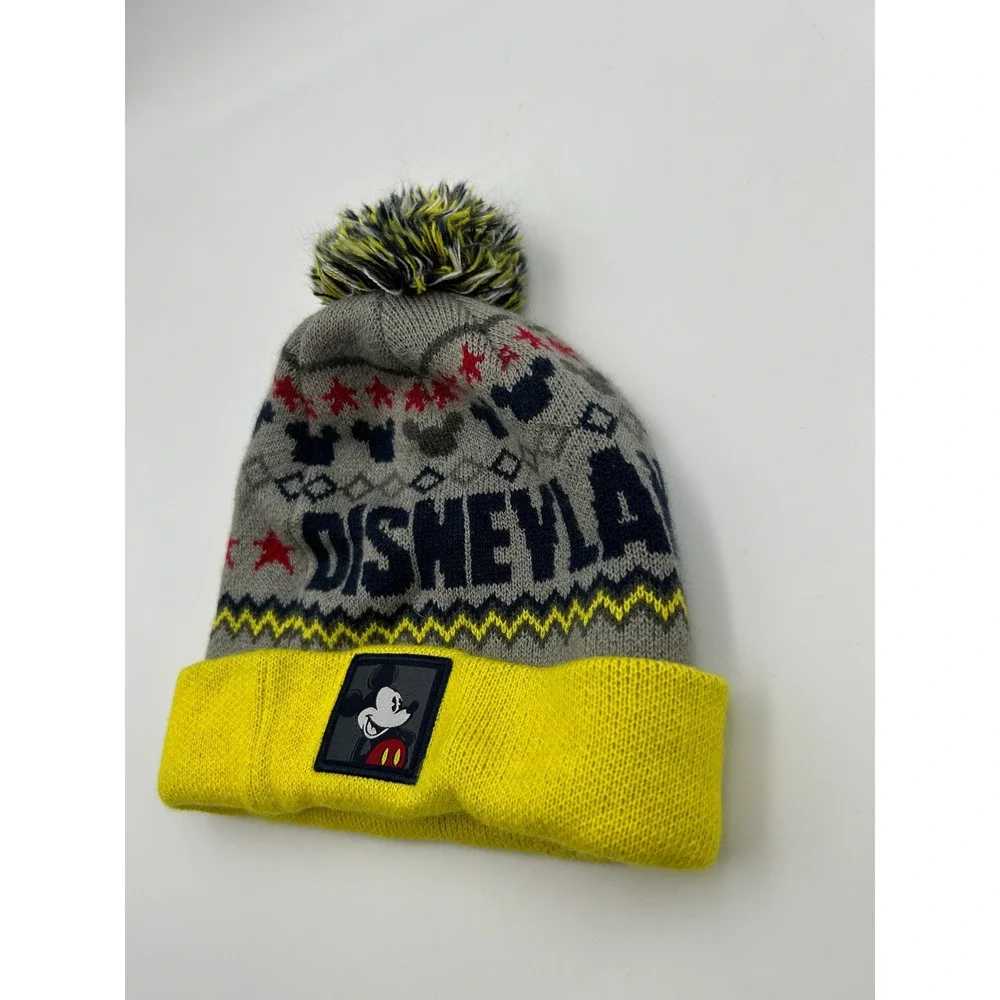 Disney Parks Disneyland Mickey Mouse Fair Isle Knit Pom Beanie Hat Yellow Gray